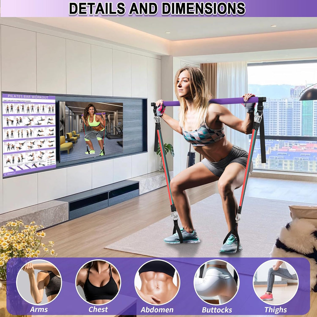 Portable Pilates Bar Kit with Resistance Bands for Men and Women - 3 Set Exercise Resistance Bands - Multifunctional Home Gym - Supports Full-Body Workouts – with Fitness Poster and Video